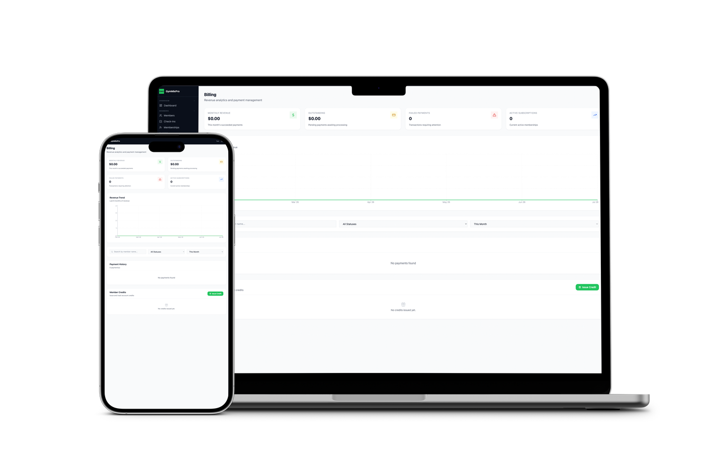 GymMixPro billing dashboard on a laptop with the member app on mobile